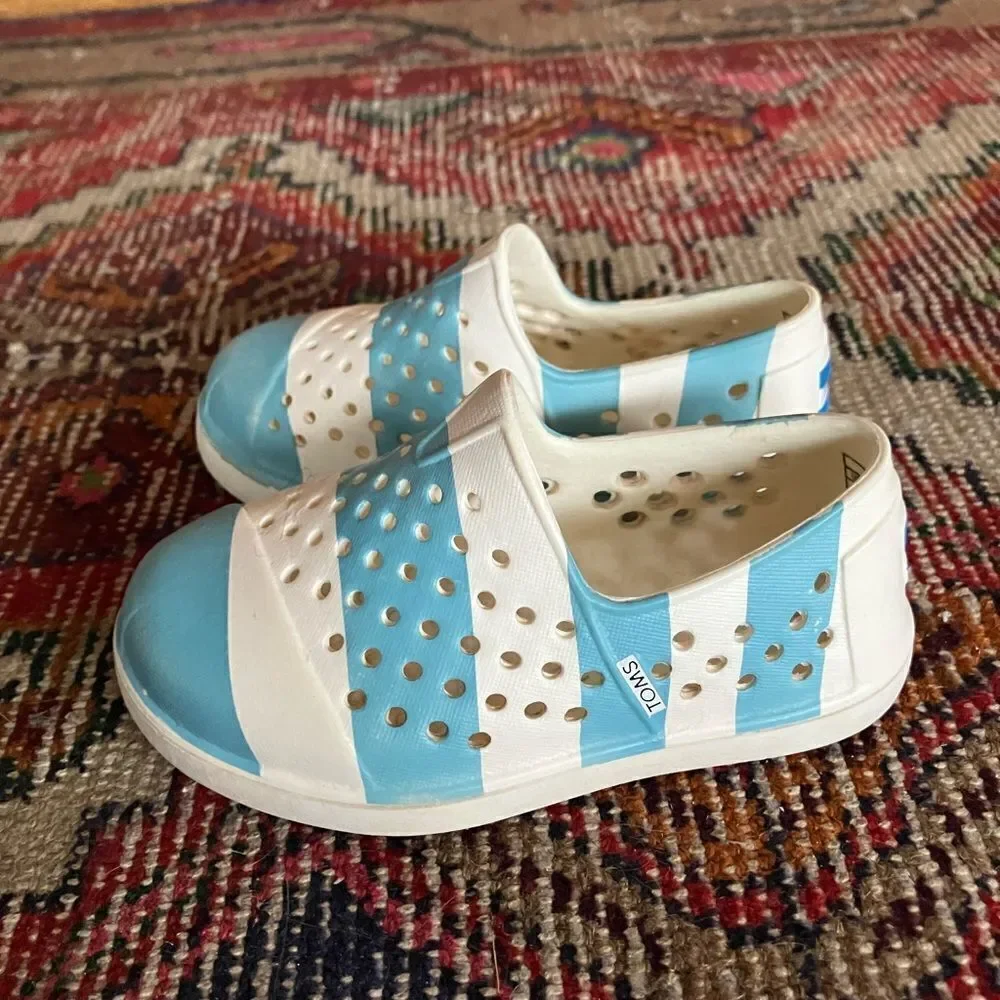 Toms Blue and White Shoes with Slip-On Style and Ventilated Design